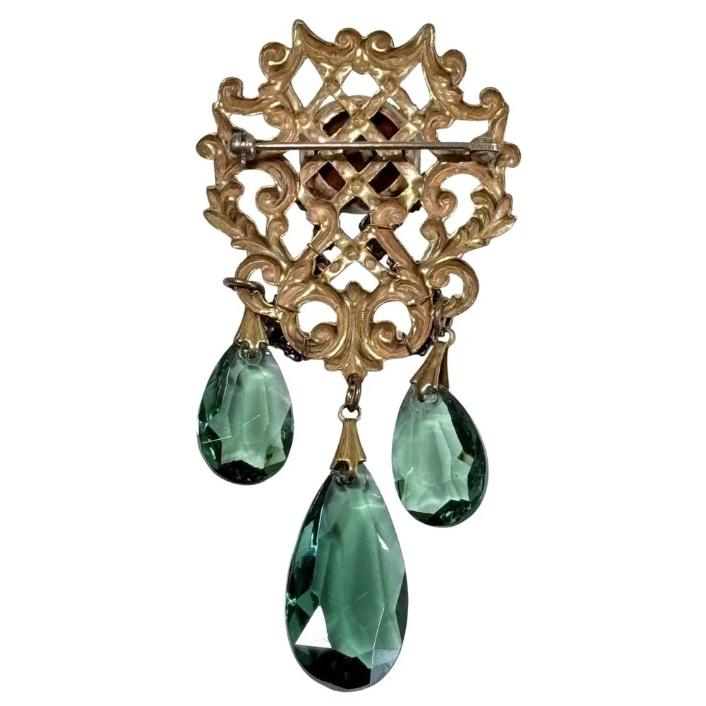 Victorian Revival Brooch Gold Tone Filigree Emerald Green Glass Stones Dangles